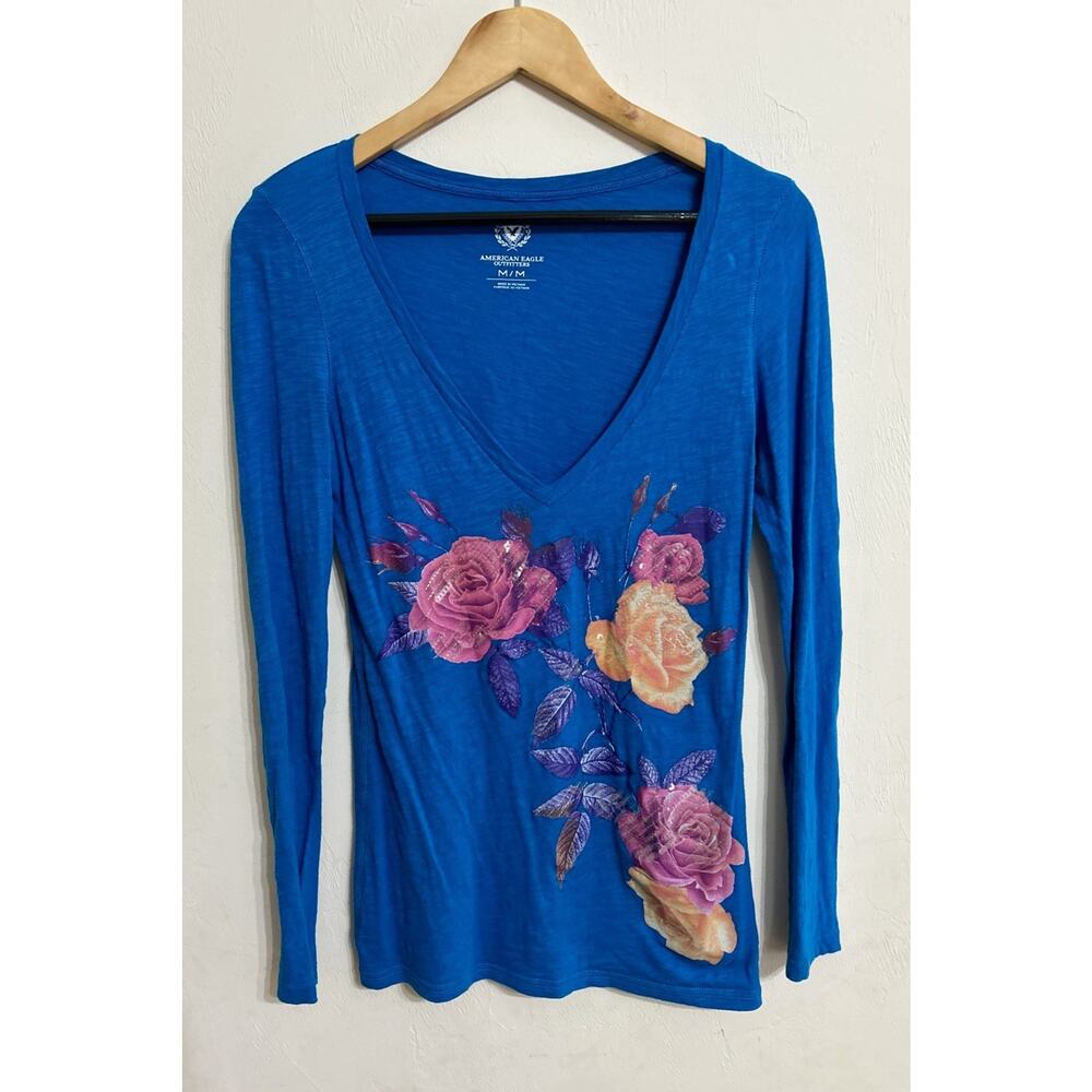 American Eagle Long Sleeve Flower Top Medium Blue